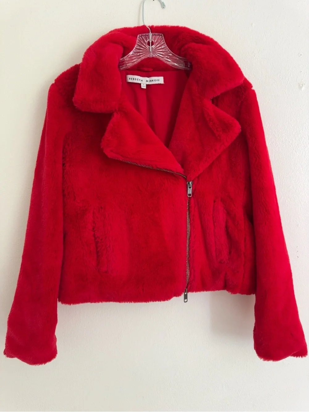 Rebecca Minkoff Red Faux Fur Moto Jacket Size S